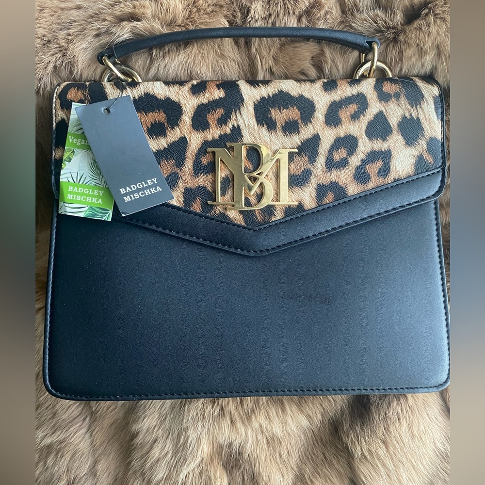 Badgley Mischka Black vegan leather, Leopard Satchel